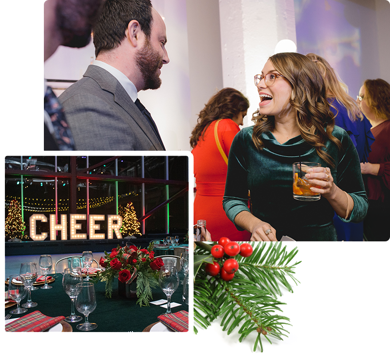 Guests celebrating and a festive holiday table setting