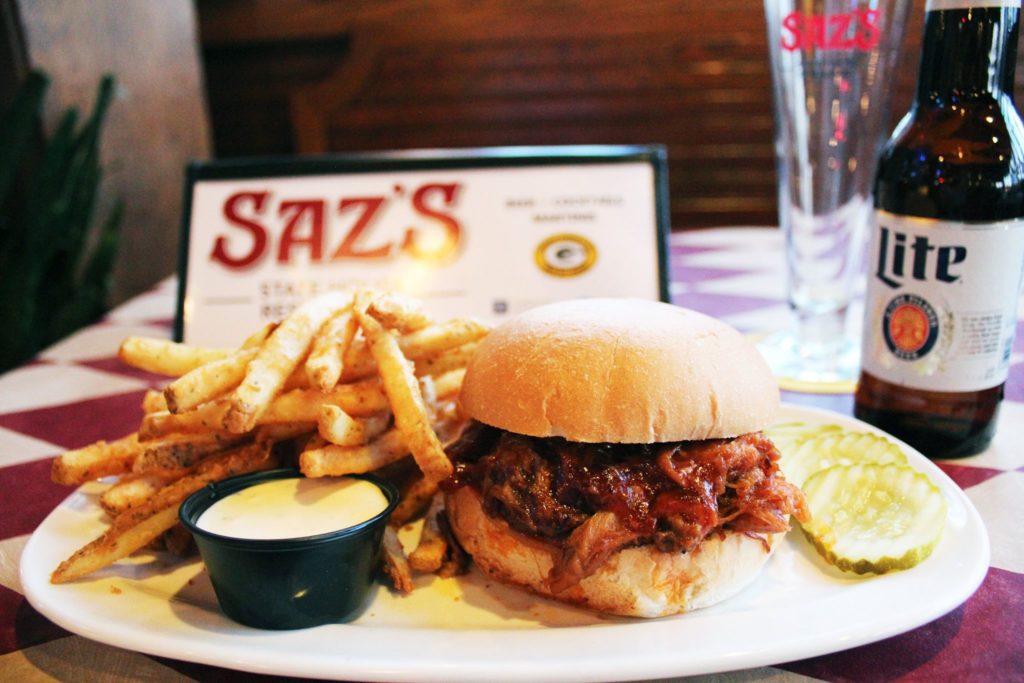 Saz's BBQ Pulled Pork Sandwich with Chive Fries and Miller Lite