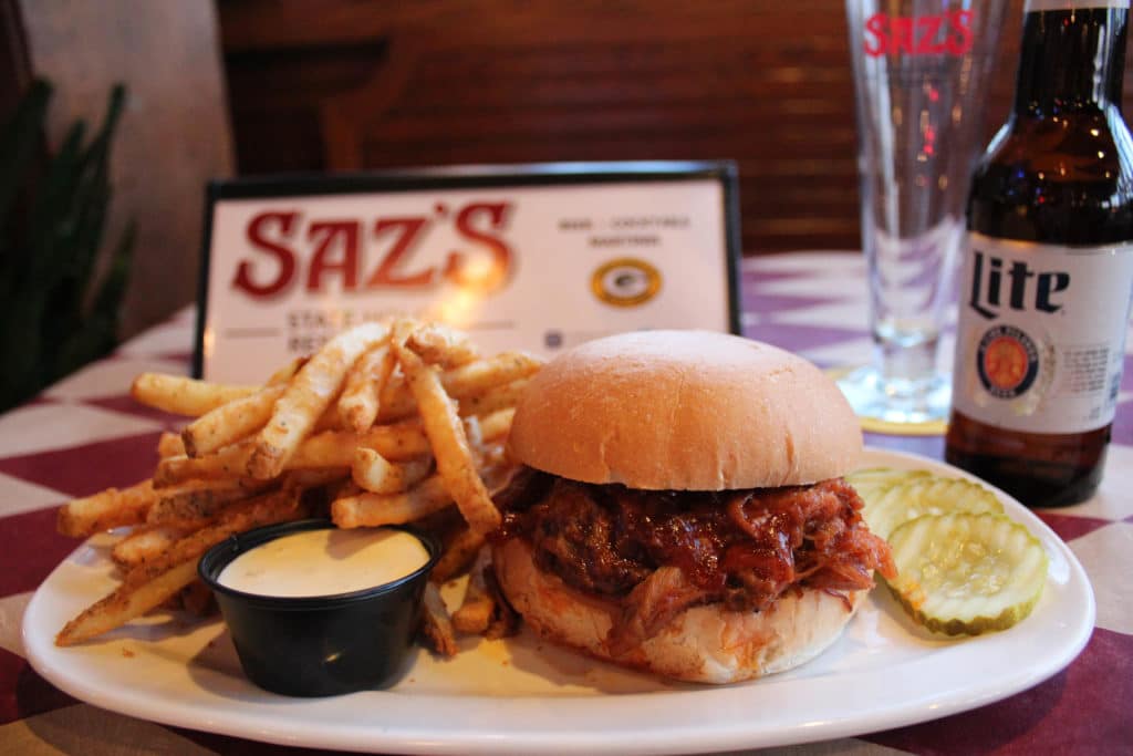Saz's BBQ Pulled Pork Sandwich with Sour Cream and Chive Fries and Miller Lite