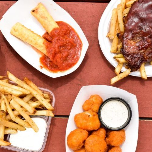 Enjoy Mozarella sticks, sour cream and chive fries, cheese curds, and Saz's famous baby back ribs.